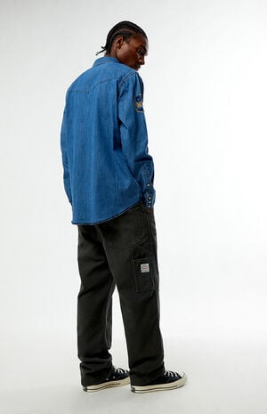 568 Dark Green Loose Straight Double Knee Carpenter Jeans image number 2