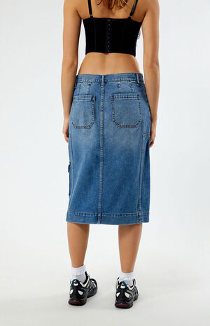 Medium Indigo Carpenter Cargo Denim Midi Skirt image number 4