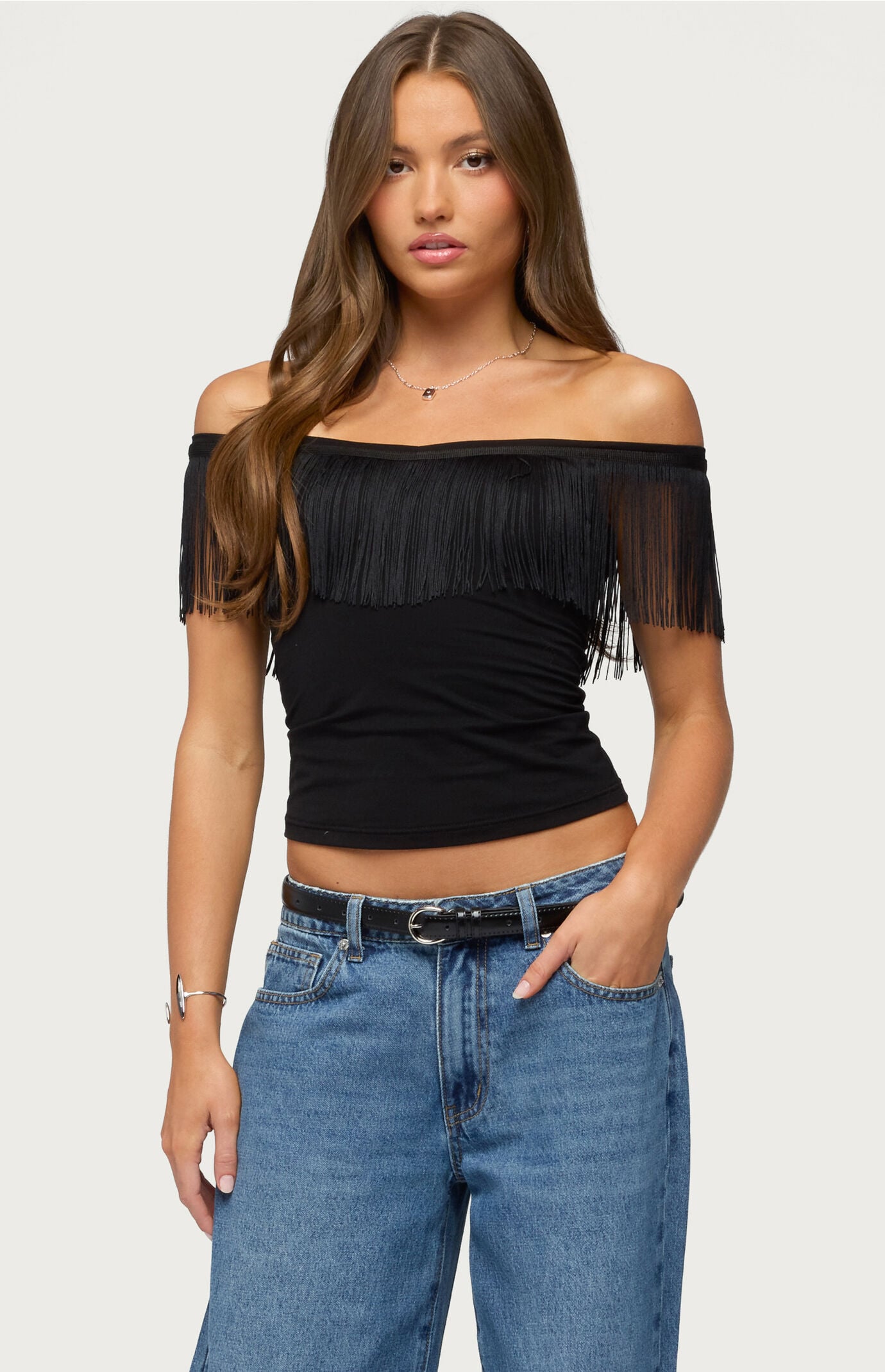 Edikted Catelina Fringe Off-The-Shoulder Top