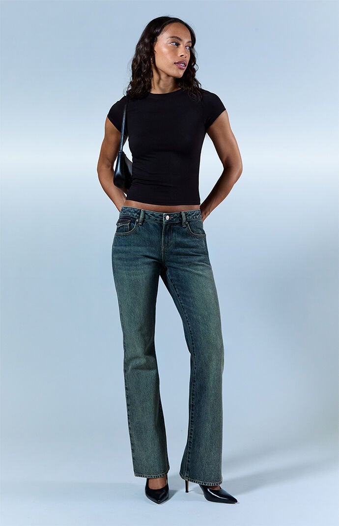 Pacsun Jade Low Rise Bootcut Jeans Button Pocket Dark Blue