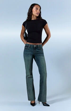 Jade Low Rise Bootcut Jeans Button Pocket Dark Blue image number 1
