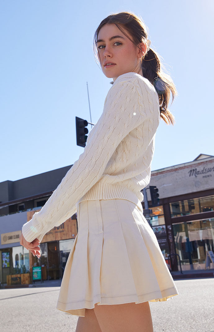 John Galt White Cropped Cable Knit Sweater PacSun