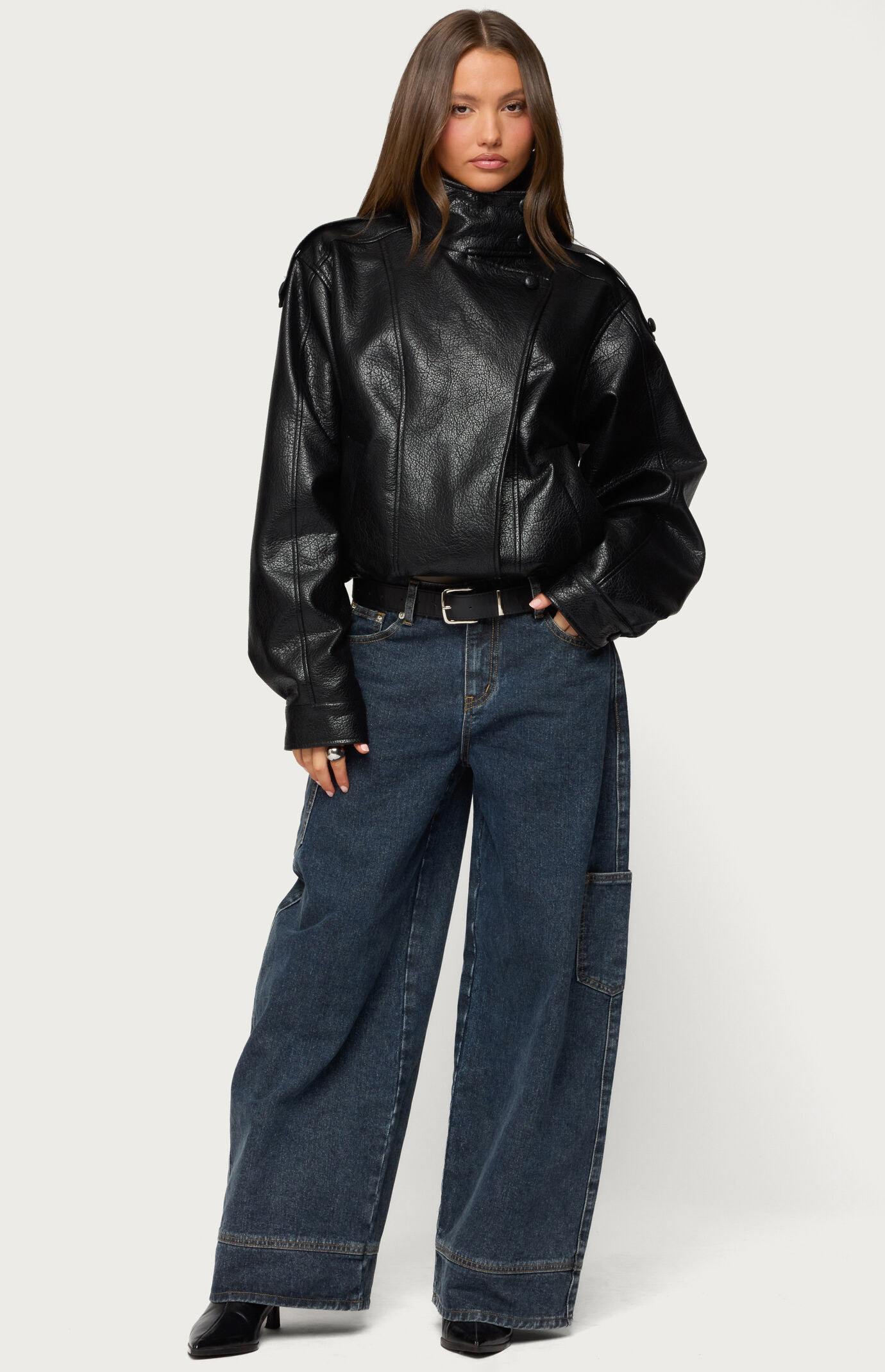 Edikted Jaicee High Neck Oversized Faux Leather Jacket