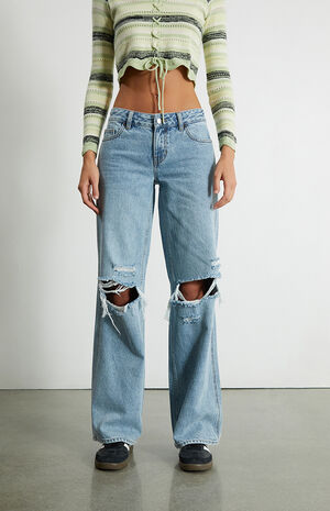 Light Blue Ripped Low Rise Baggy Jeans image number 2