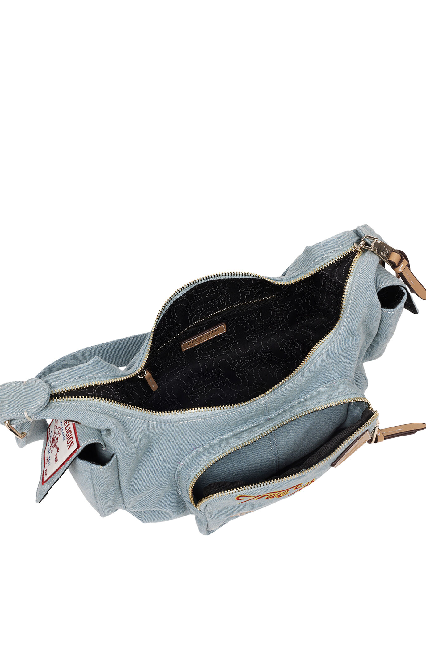 True Religion Multi Patch Denim Hobo Shoulder Bag