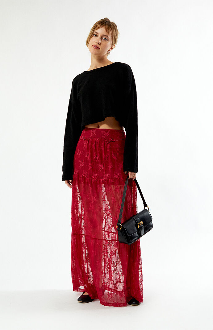 Red lace maxi skirt discount