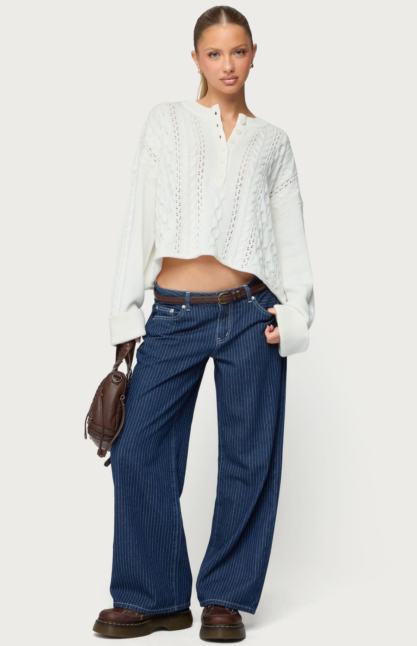 Edikted Petite Pinstripe Low Rise Baggy Jeans