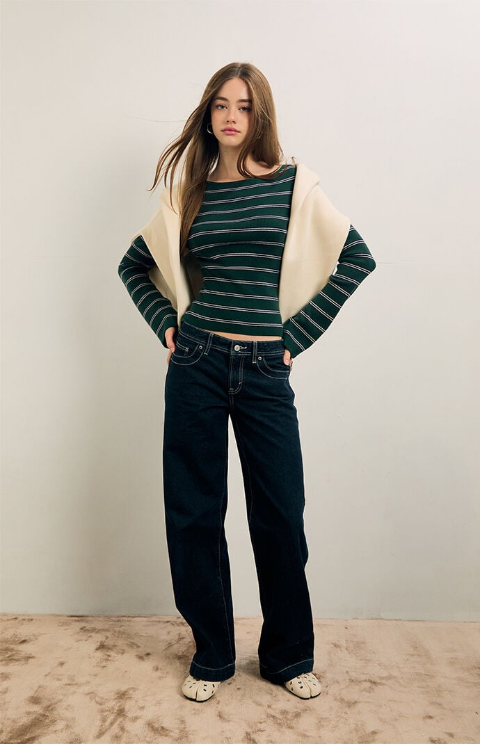 Women's Sage Striped Off-The-Shoulder Sweater in Green - Size Small