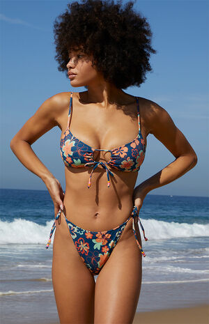 Navy Angela Beaded Tie Front Bikini Top image number 1