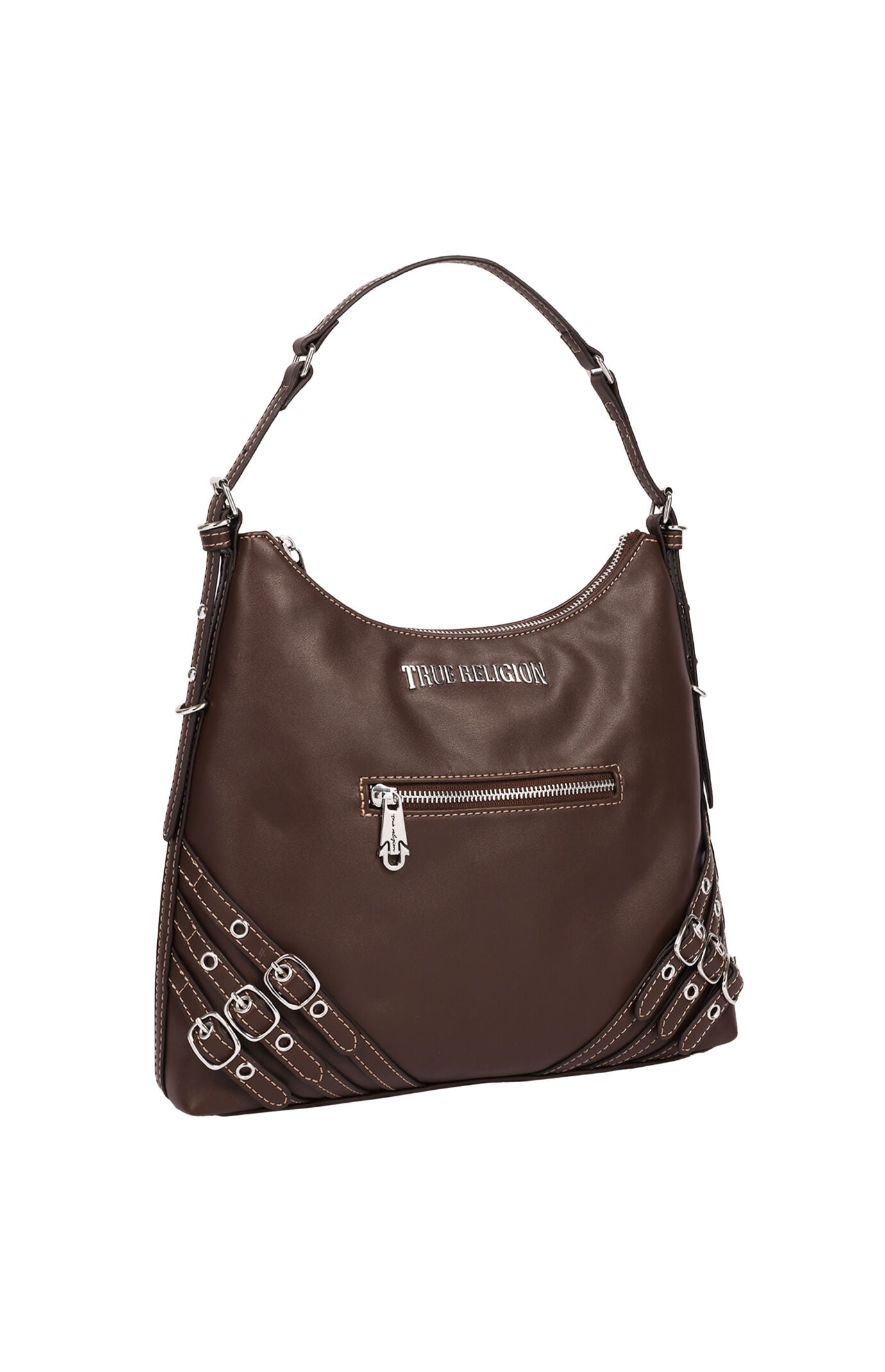 True Religion Chocolate Triple Straps Large Faux Leather Hobo Bag