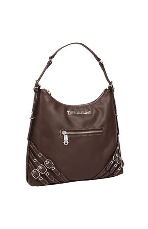 Chocolate Triple Straps Large Faux Leather Hobo Bag image number 2