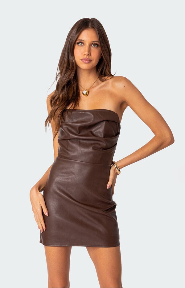 Edikted Women's Draped Faux Leather Mini Dress in Brown - Size Small