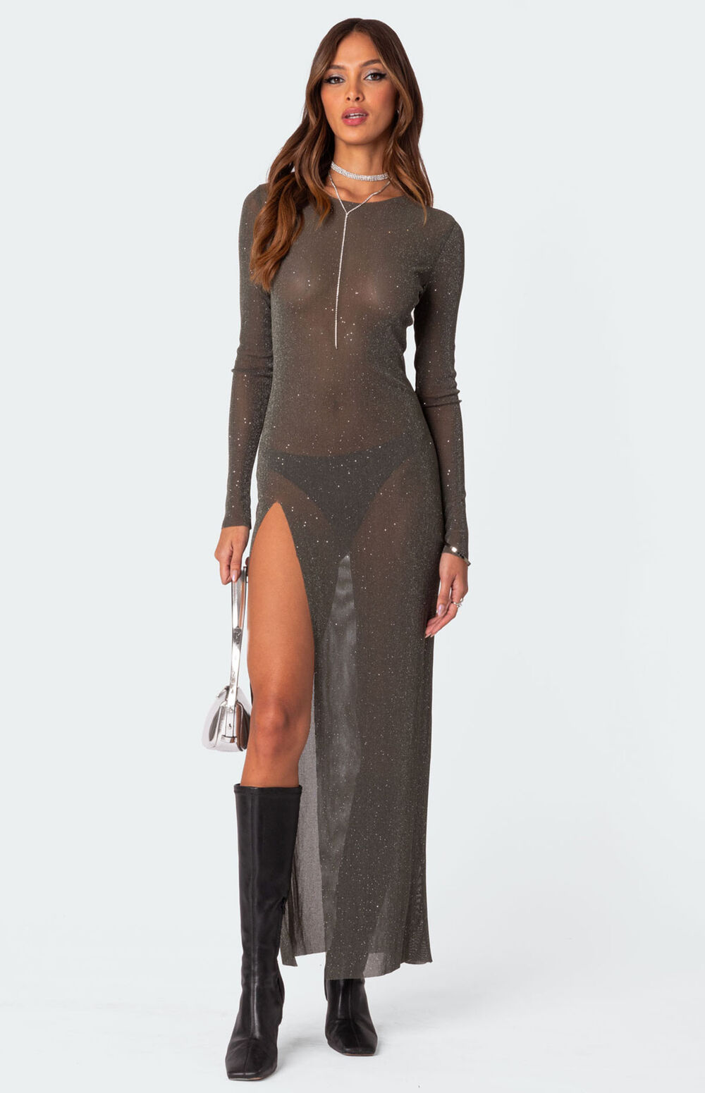Glitter Mesh Shirring Side Plus Mini Dress