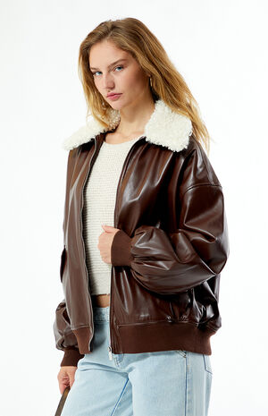 Faux Leather Sherpa Collar Bomber Jacket image number 3