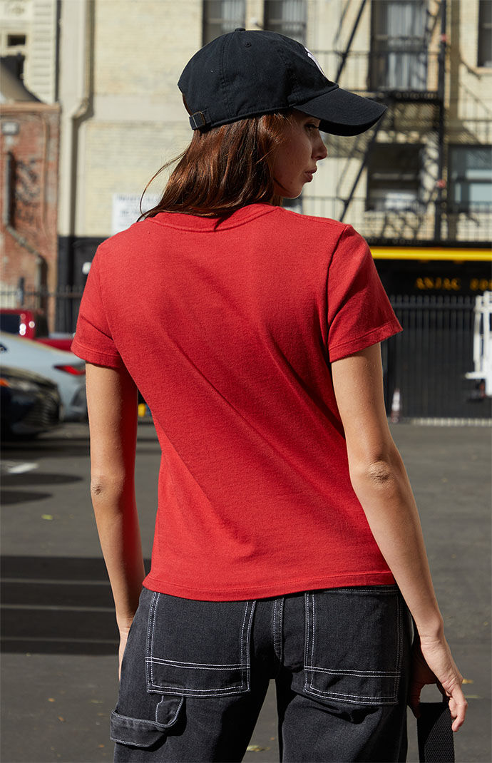 Red t shirt and black jeans outlet