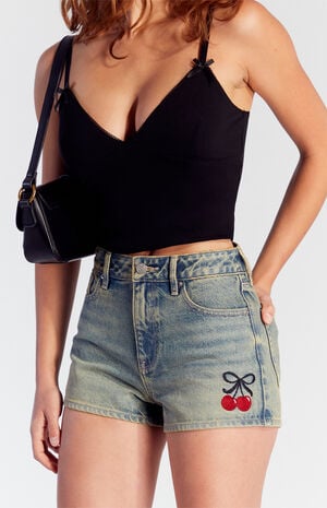 Tinted Cherry Embroidered High Waisted Denim Festival Shorts image number 1