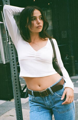 White Charlize Cinched Long Sleeve Top image number 1