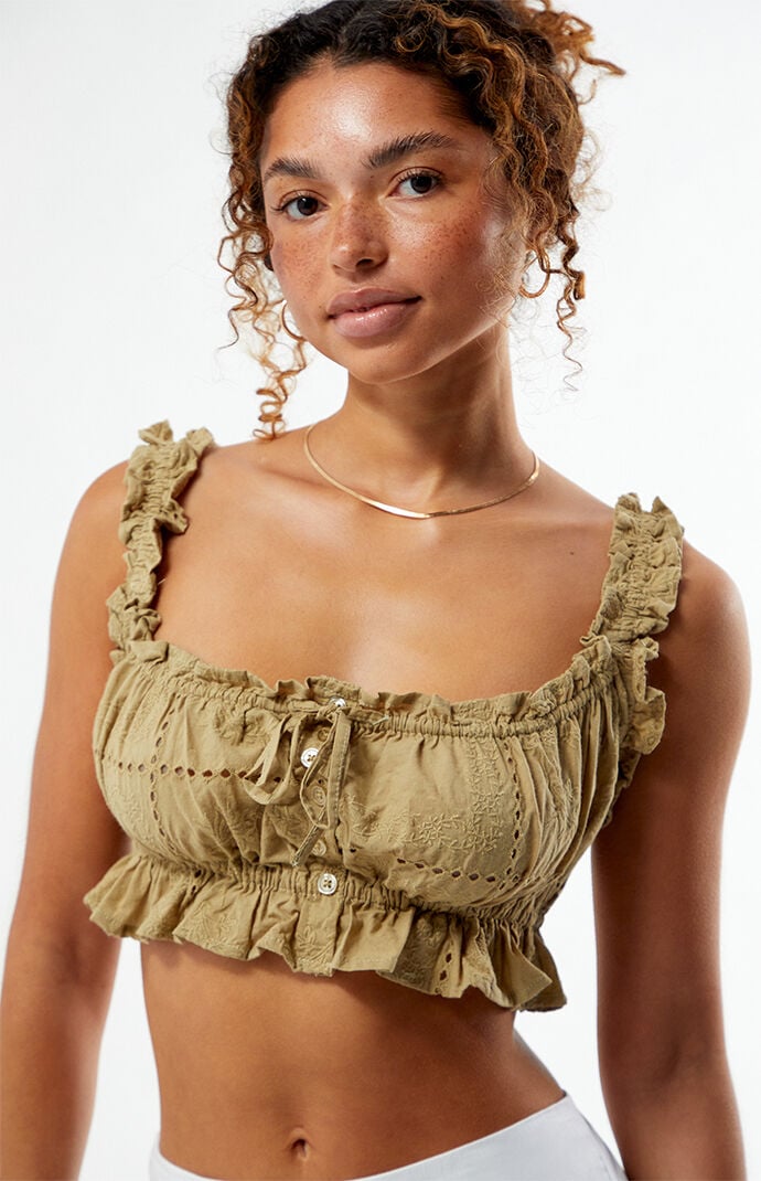 WEWOREWHAT Ruffle Button Crop Top