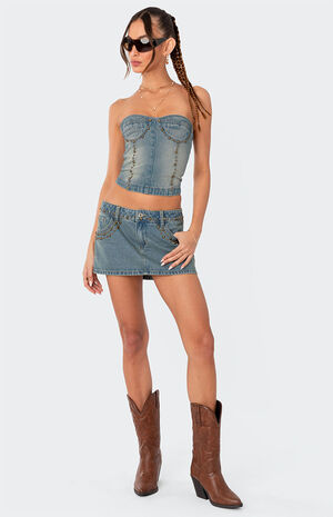 Studded Washed Denim Lace-Up Corset image number 5