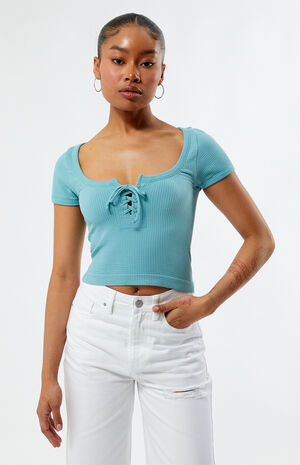 Lace-Up Waffle Knit T-Shirt image number 2