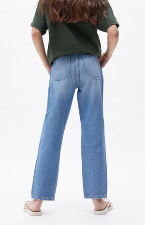 Distressed Medium Blue Straight Leg Jeans image number 4