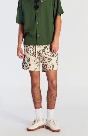 Tan Floral Embroidered Linen Volley Shorts image number 2