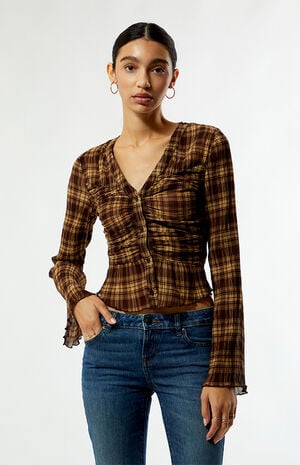 Sara Plaid Button Up Long Sleeve Top image number 2