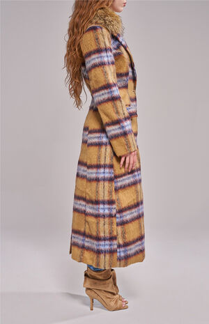 Talora Tan Plaid Long Faux Fur Trench Coat image number 4