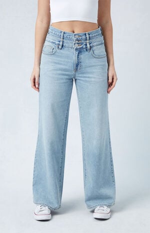 Eco Medium Indigo Double Waistband Mid Rise Baggy Jeans