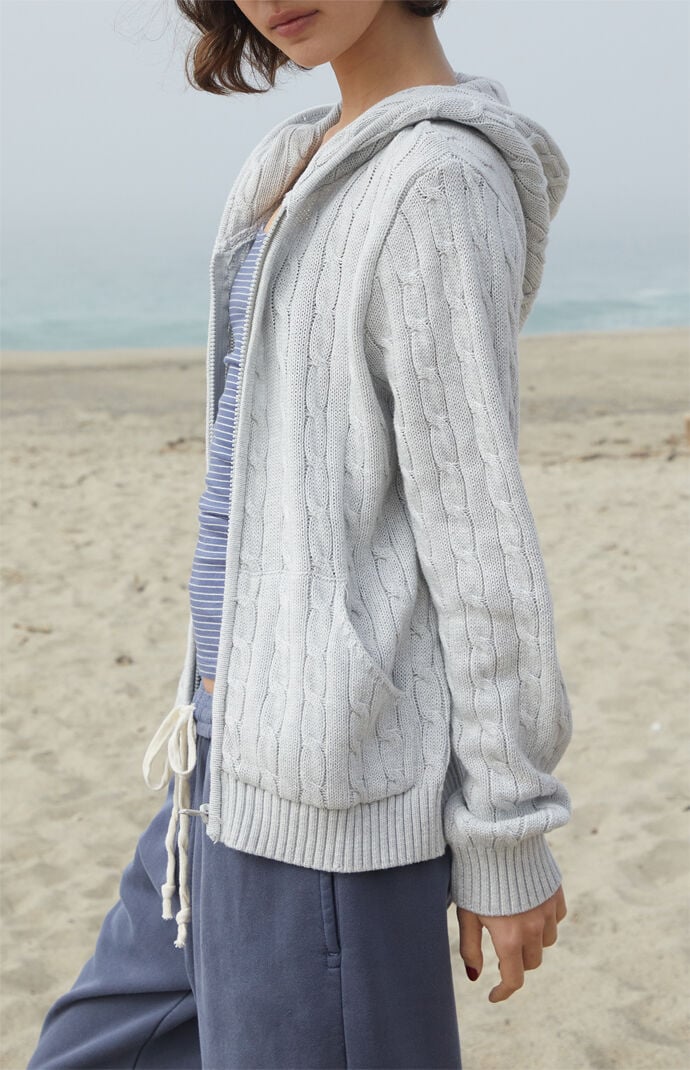 John Galt Silver Cable Knit Zip Up Sweater Hoodie | PacSun