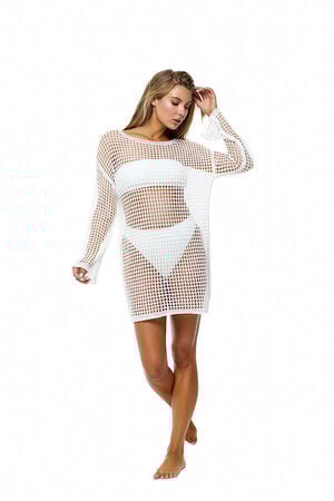 White Crochet Long Sleeve Tunic Dress image number 3