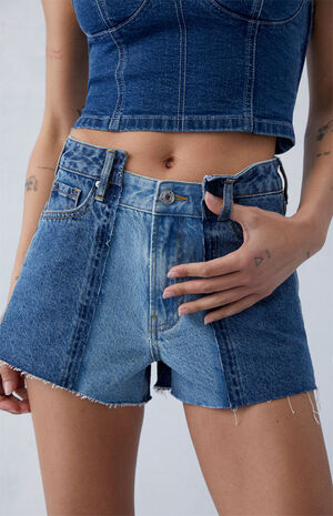 Eco Two-Tone Indigo High Waisted Denim Festival Shorts image number 2