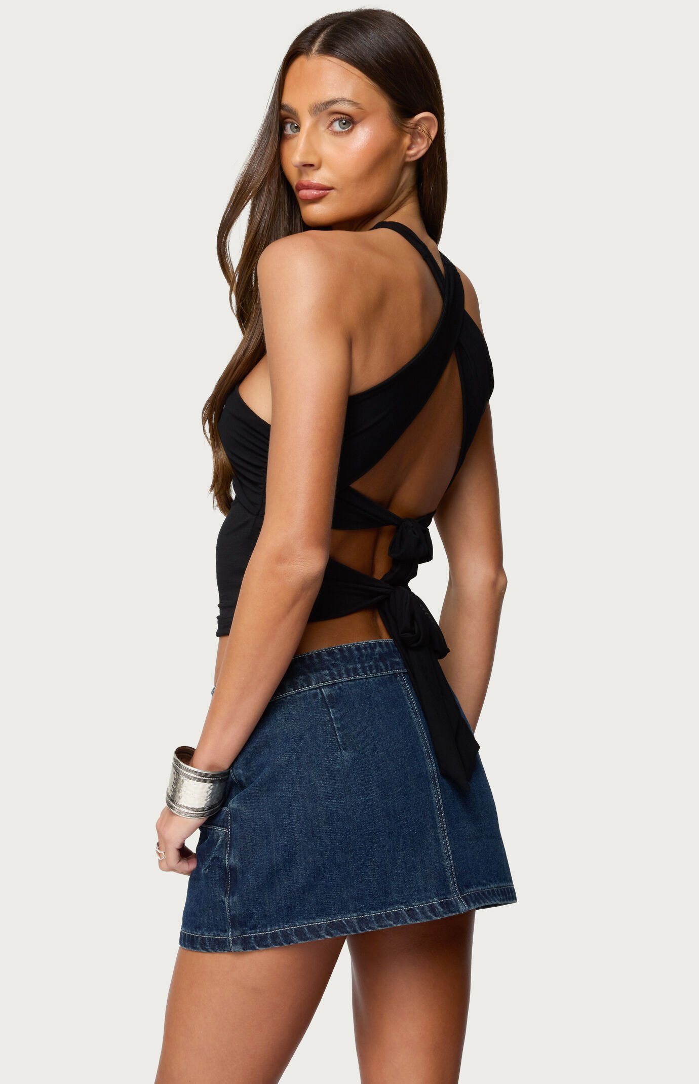 Edikted Maggi Knotted Backless Mesh Top