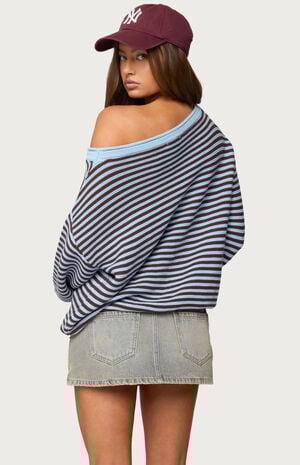 Averi Striped Oversized Off-The-Shoulder Sweater image number 3