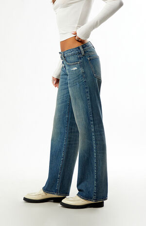 Zoe Low Rise Girlfriend Jeans Ripped Exposed Button Medium Blue image number 3