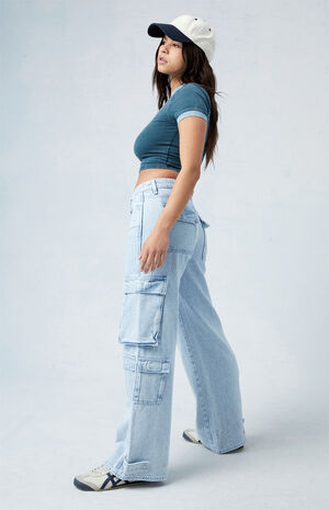 Eco Light Indigo Low Rise Baggy Cargo Jeans image number 4