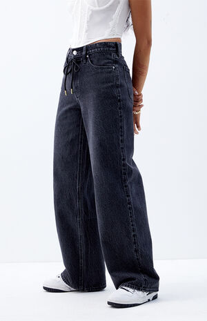 Cali Black Drawstring Baggy Boyfriend Jeans image number 4