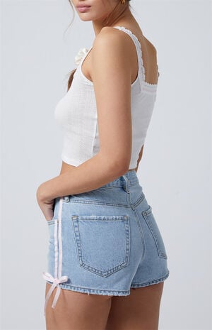 Light Indigo Side Stripe Bow High Waisted Denim Festival Shorts image number 5