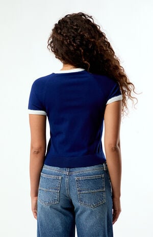 Navy Knit Short Sleeve Crop Top image number 4
