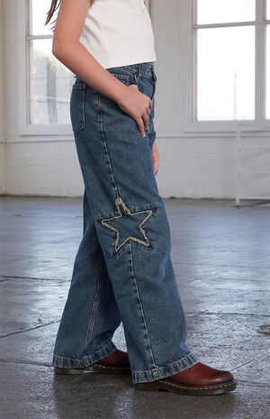 Baggy Jeans Distressed Star Patch Medium Blue image number 2