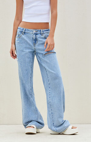 Light Indigo Rhinestone Embellishment Low Rise Baggy Jeans image number 1