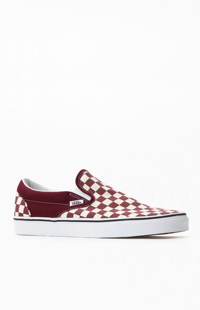 burgundy checkered slip on vans