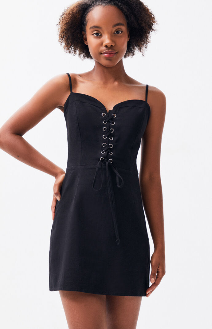 black lace up mini dress
