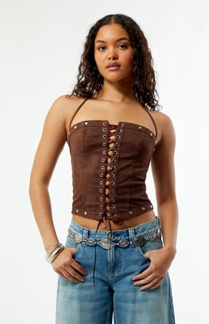 Chelsie Faux Suede Lace-Up Top image number 2