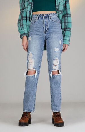 Eco Light Blue Distressed Dad Jeans image number 1