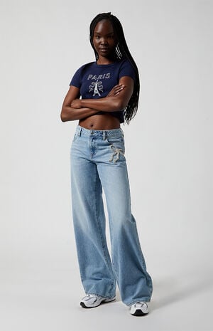 Casey Low Rise Baggy Jeans Rhinestone Bow Light Indigo image number 2