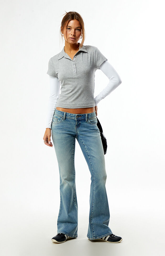Pacsun Alana Ultra Low Rise Flare Jeans Button Pockets Light Blue