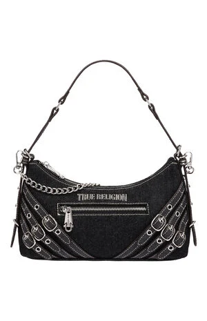 Triple Straps Black Denim Shoulder Bag image number 1