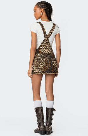 Leopard Denim Overall Mini Dress image number 4