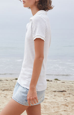 White & Light Blue Striped Polo Shirt image number 2